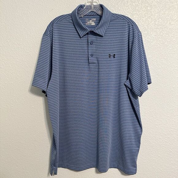 Under Armour Mens Polo Shirt Size XL Blue Orange Striped Logo Heat Gear Lot Of 2 - Picture 2 of 11